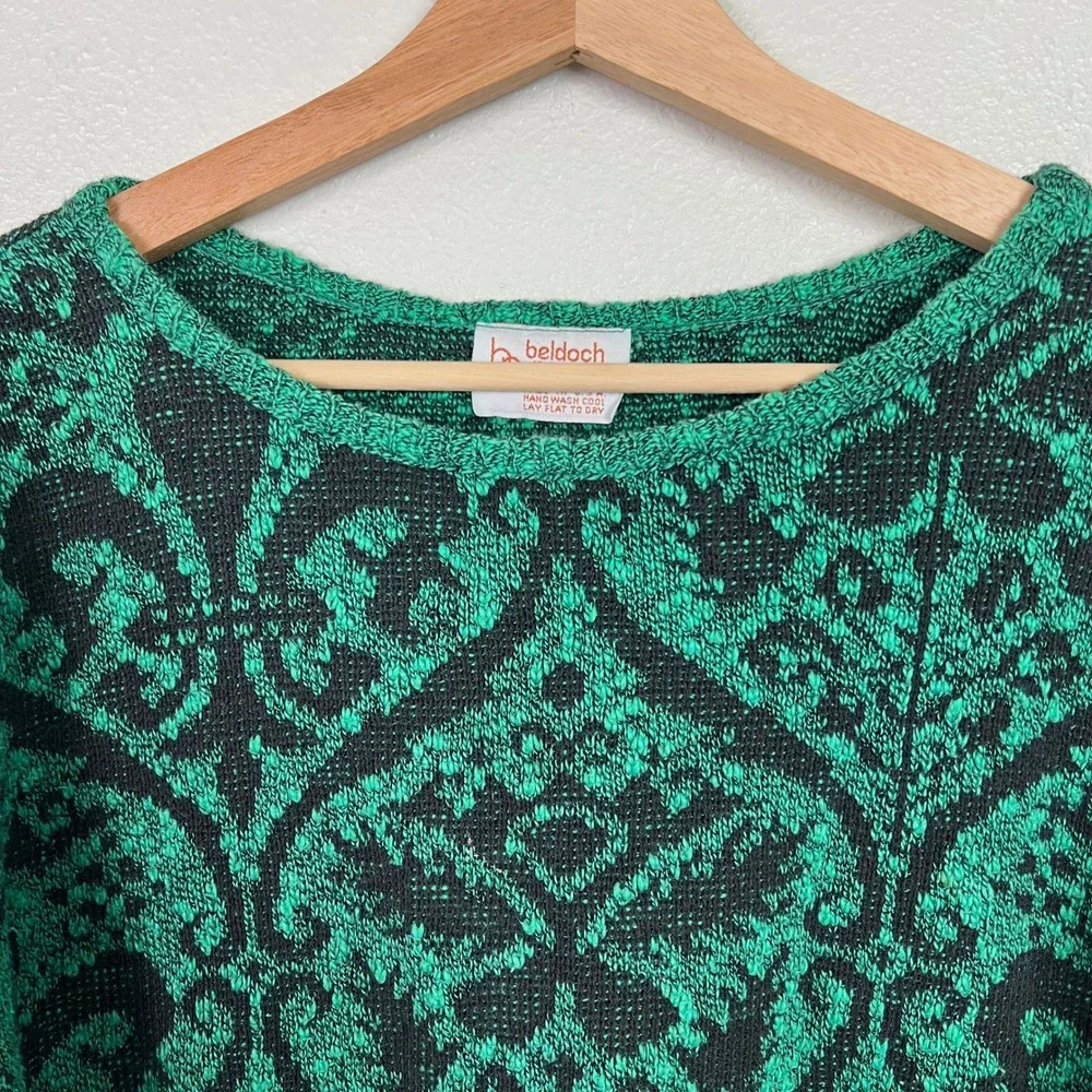 Beldoch Popper VTG Green Black Damask Fleur De Lis Knit Sweater LRG Made in USA‎